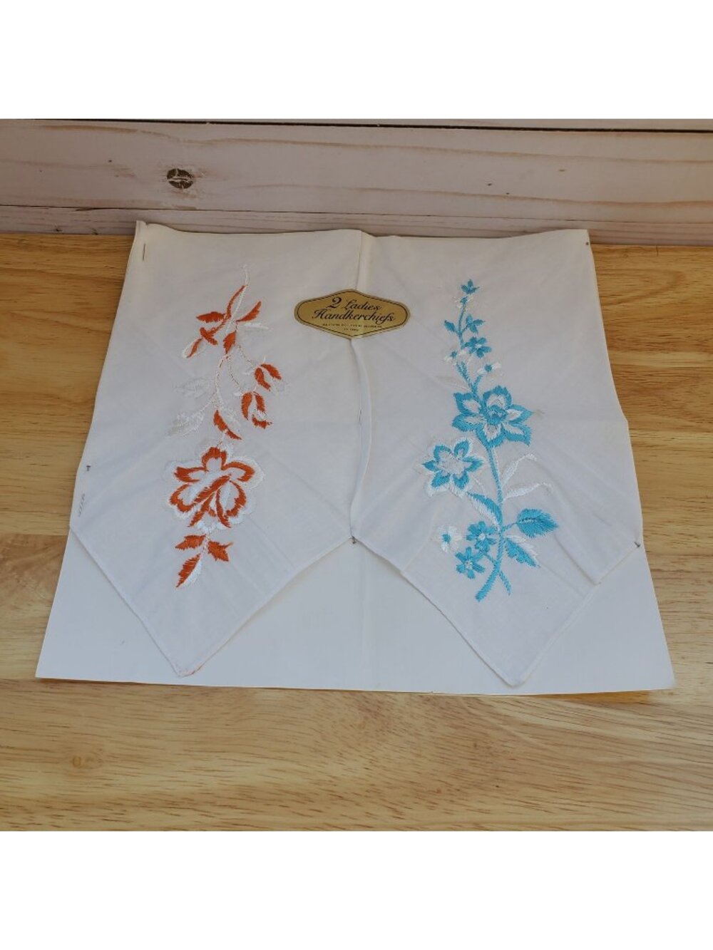 VTG 1960s Embroidered Ladies Handkerchiefs Set Of 2 Floral Blue And Orange New